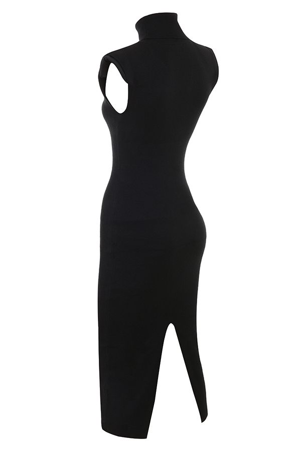 schwarzes midikleid aus kaschmir-mischgewebe mit rollkragen