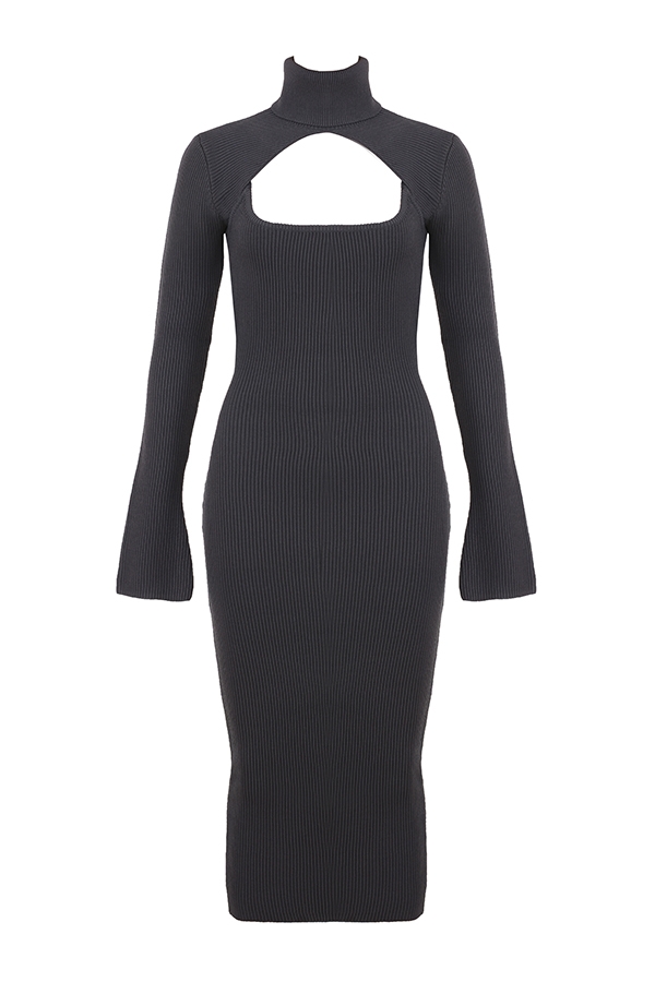 anthrazitfarbenes strick-midikleid