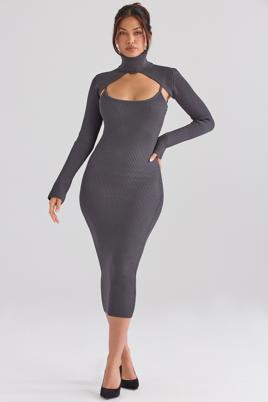 anthrazitfarbenes strick-midikleid