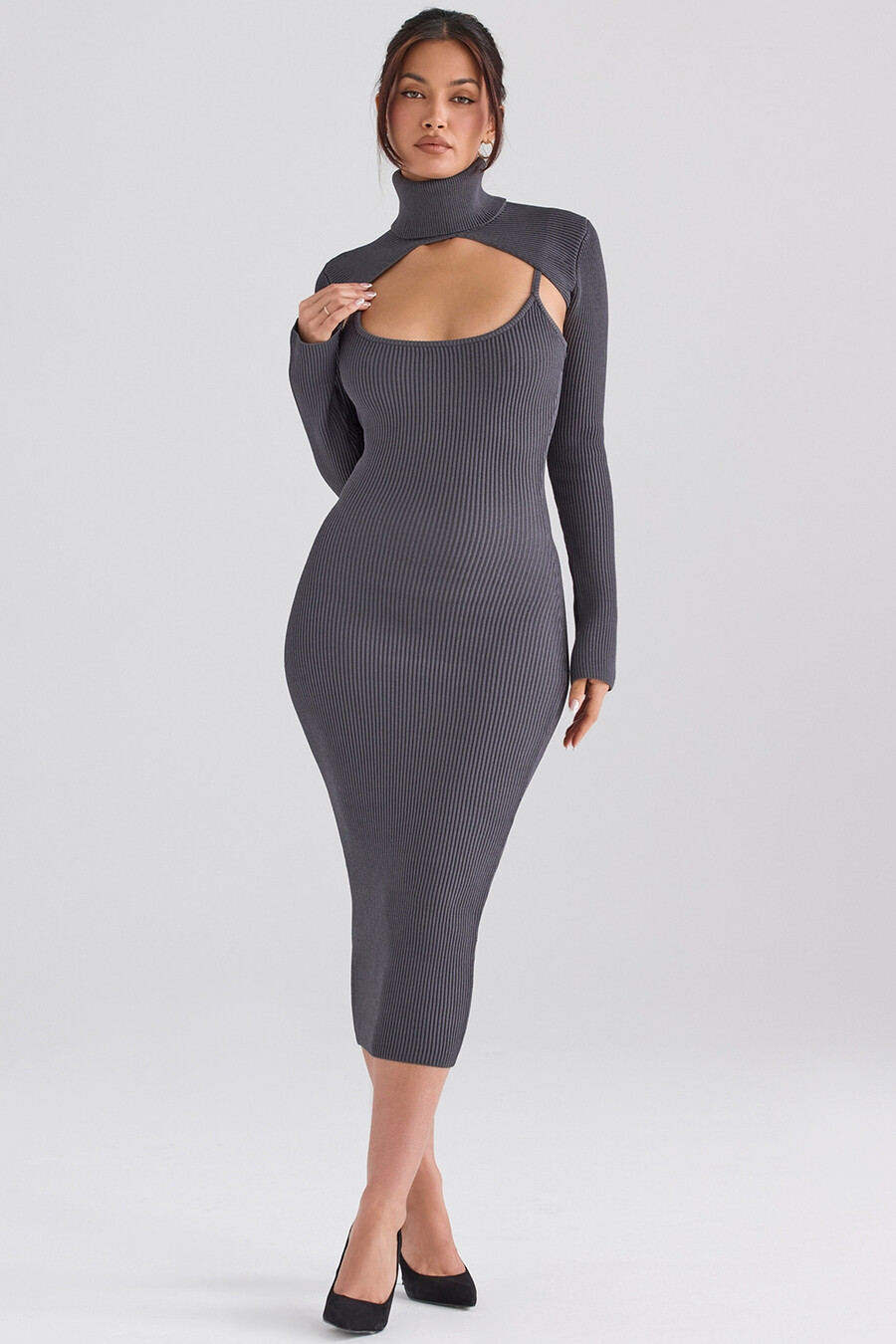 anthrazitfarbenes strick-midikleid