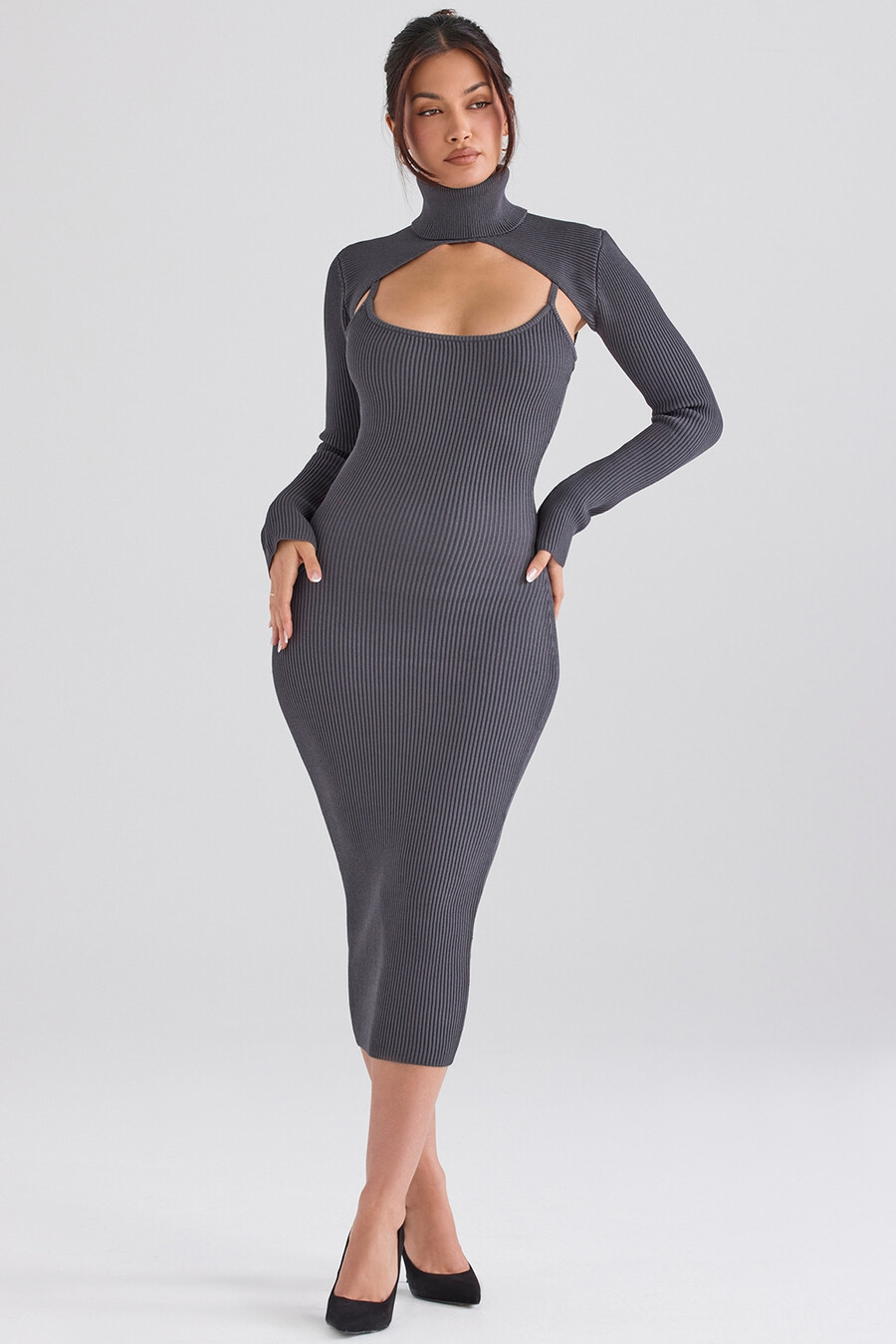 anthrazitfarbenes strick-midikleid