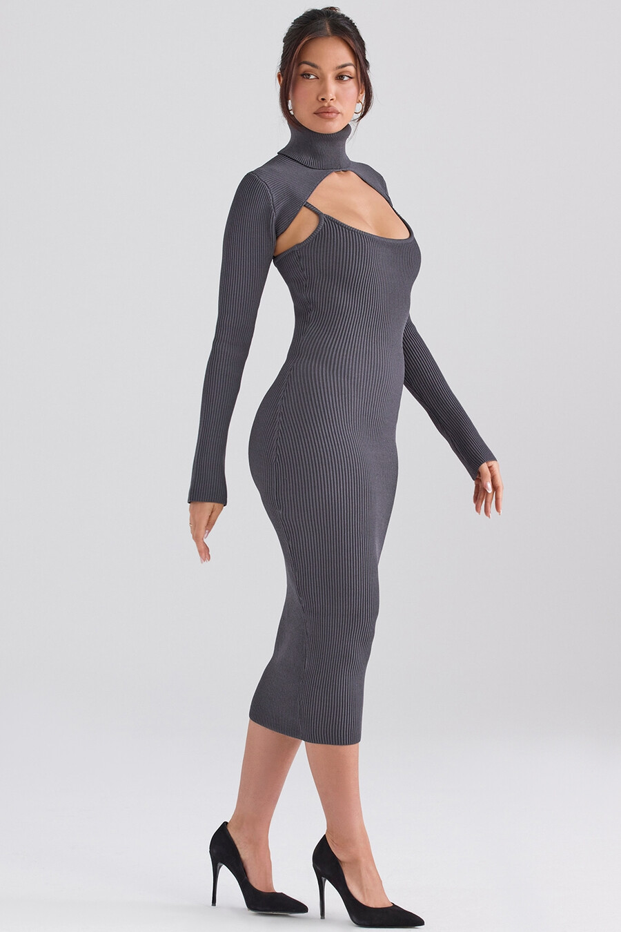 anthrazitfarbenes strick-midikleid