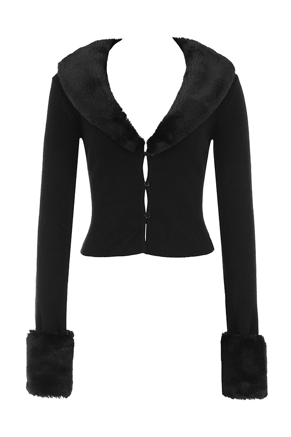 schwarze strickjacke mit kunstpelzbesatz