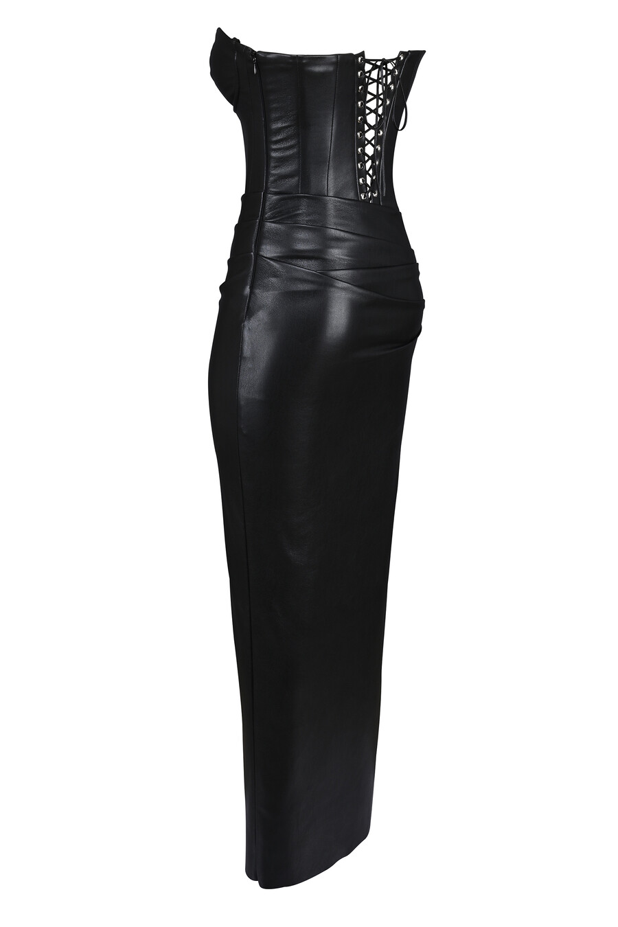 schwarzes trägerloses midikleid aus veganem leder
