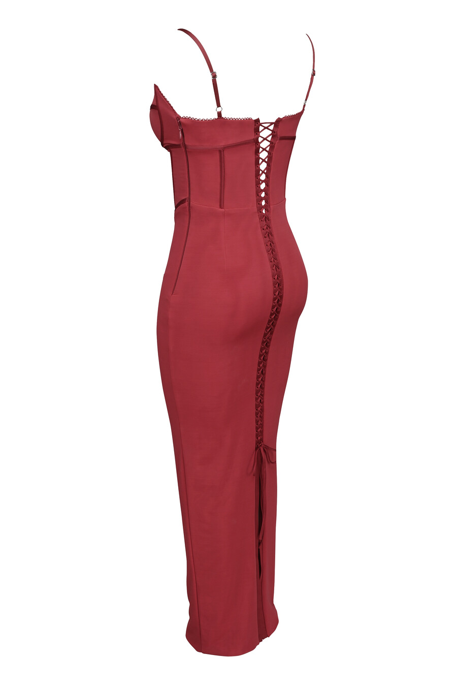 weinrotes figurbetontes maxikleid aus mesh