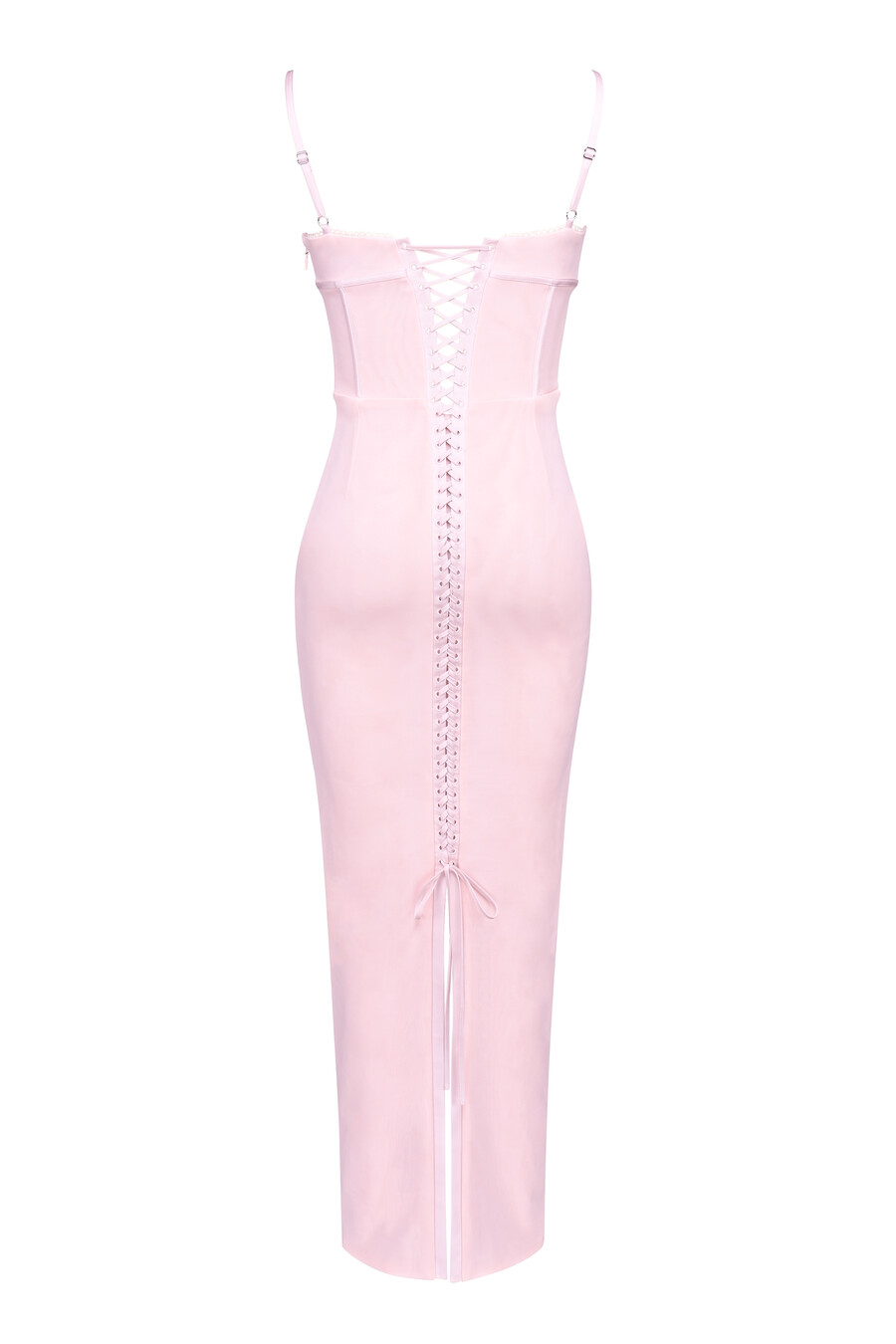 rosa figurbetontes maxikleid aus mesh