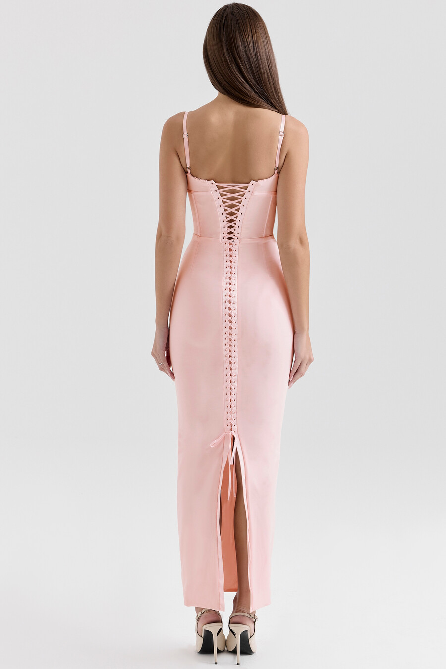 rosa figurbetontes maxikleid aus mesh