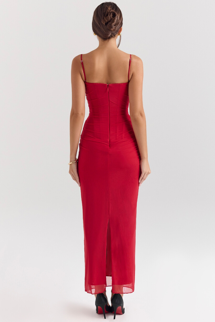 holly rotes maxikleid mit korsett aus netzstoff
