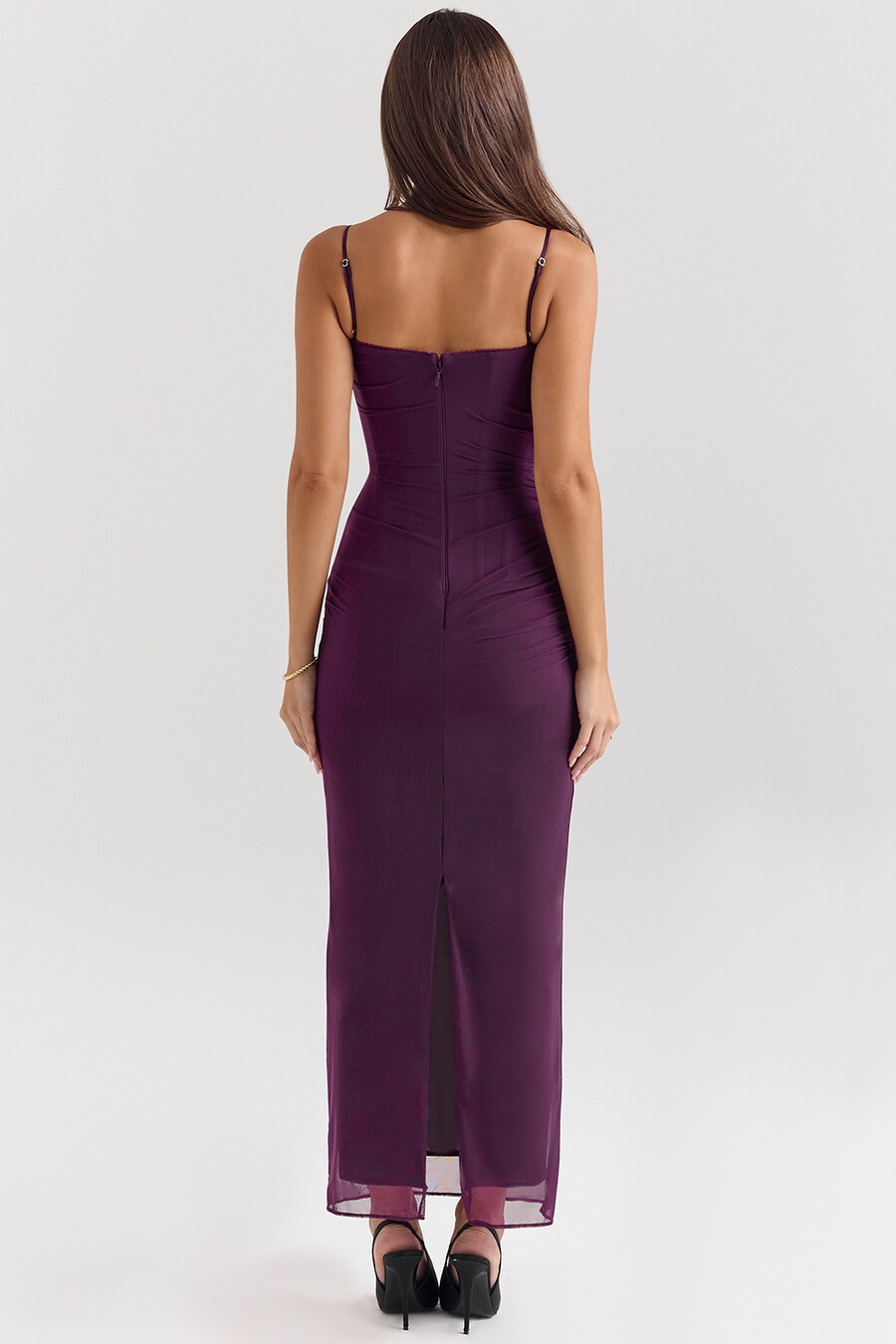 maxikleid aus traubenfarbenem mesh-korsett