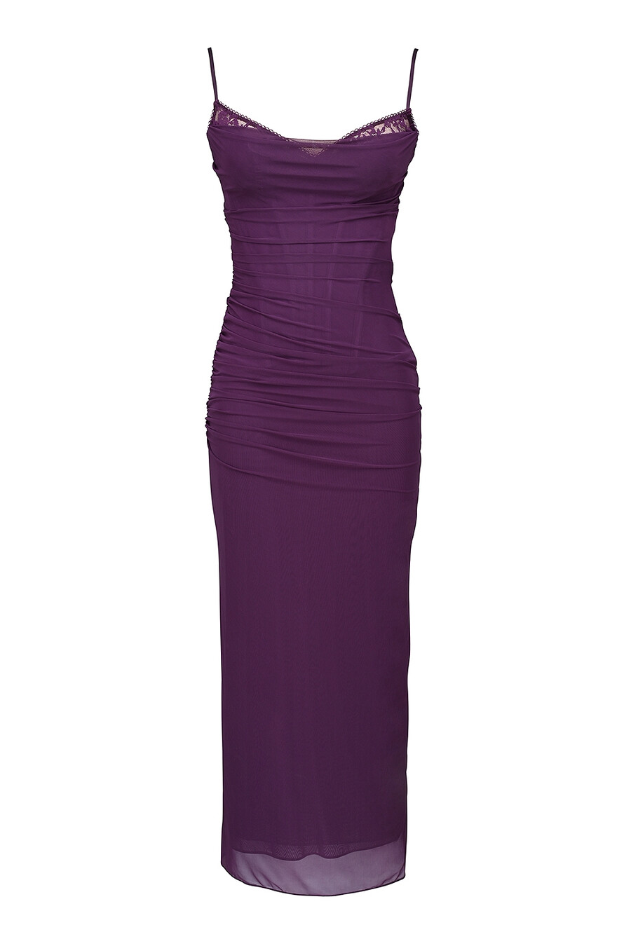 maxikleid aus traubenfarbenem mesh-korsett