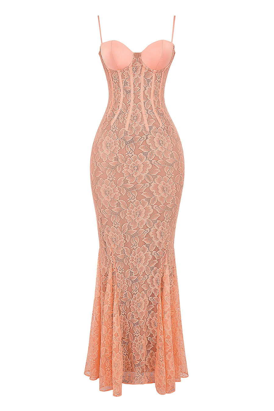 sorbetfarbenes maxikleid aus spitze mit godet-effekt