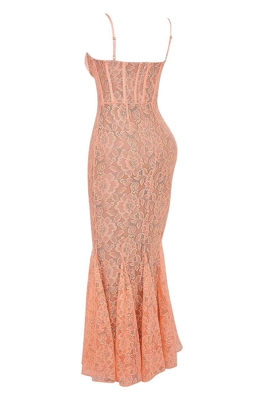 sorbetfarbenes maxikleid aus spitze mit godet-effekt