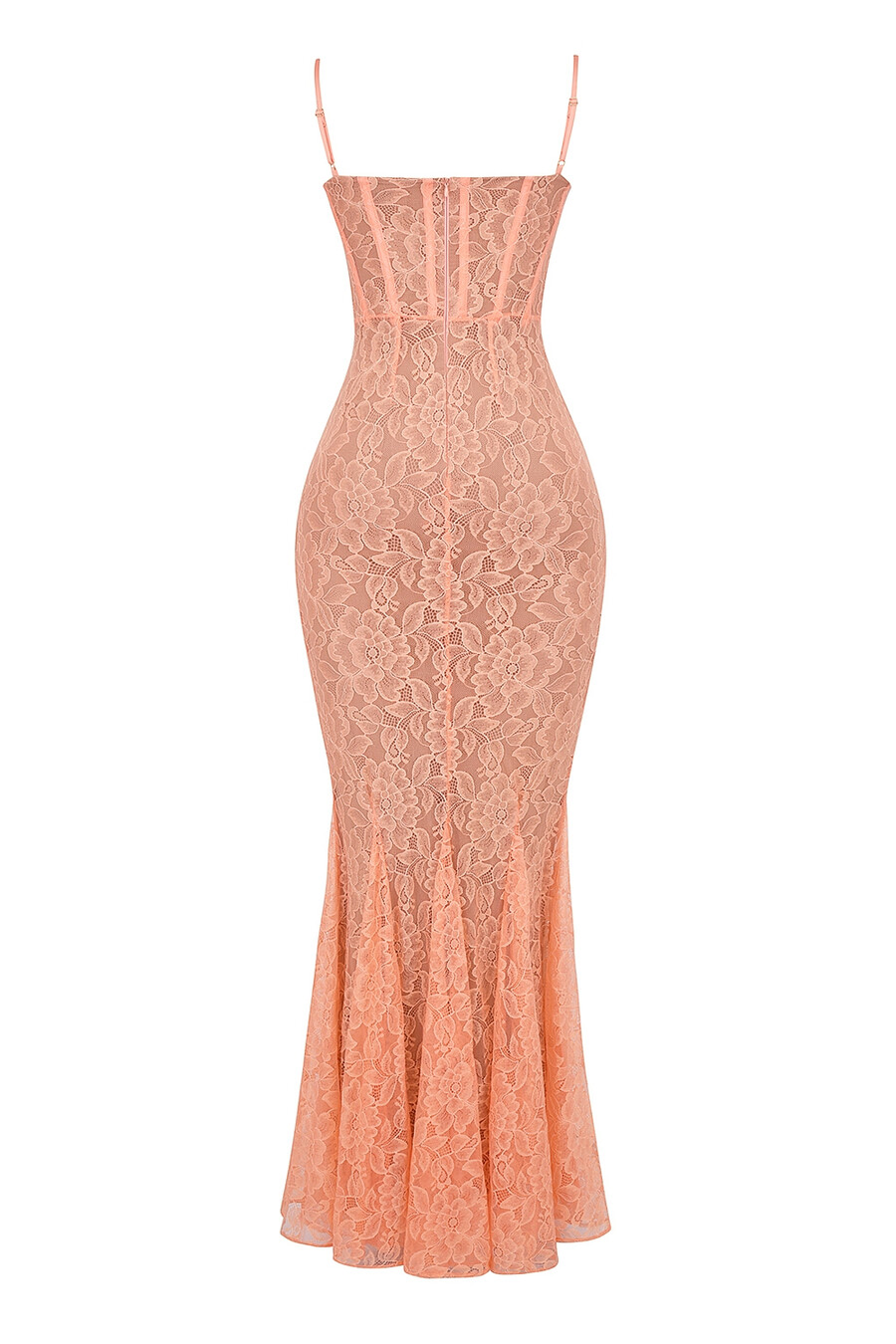 sorbetfarbenes maxikleid aus spitze mit godet-effekt