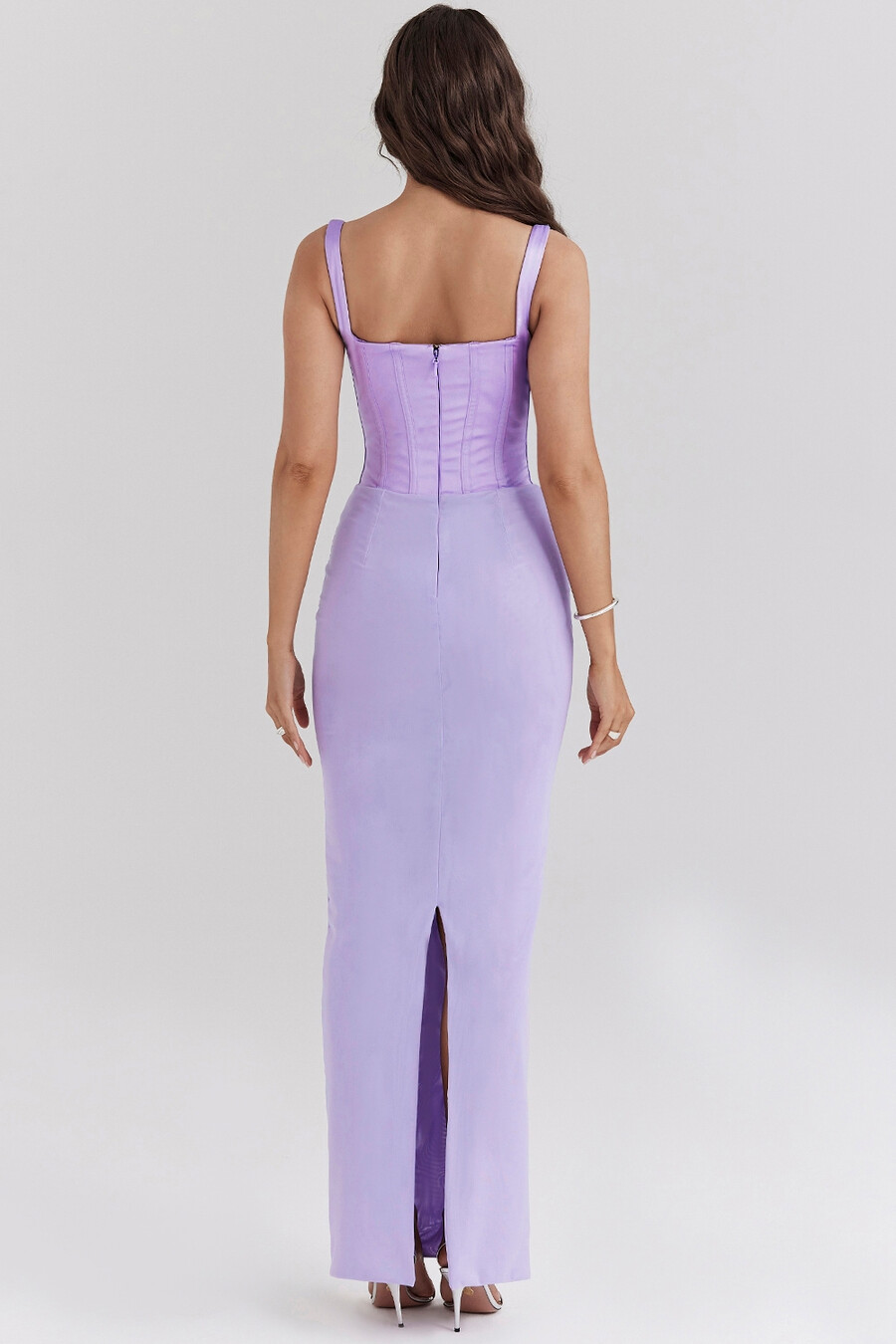 orchideenfarbenes satin-korsett-maxikleid