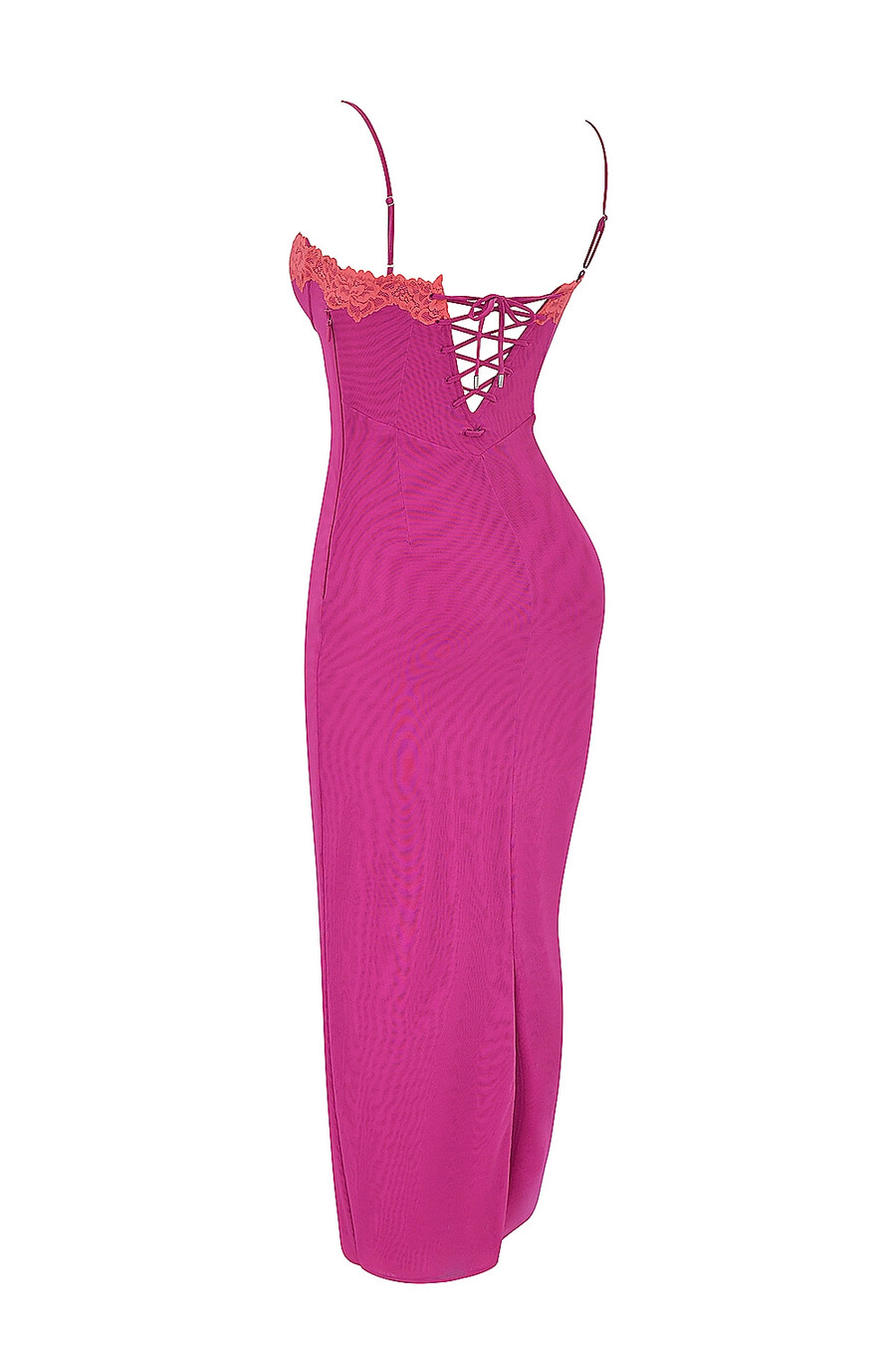 himbeerfarbenes maxikleid mit spitzenbesatz