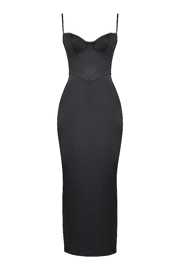 schwarzes maxikleid mit korsettmuster