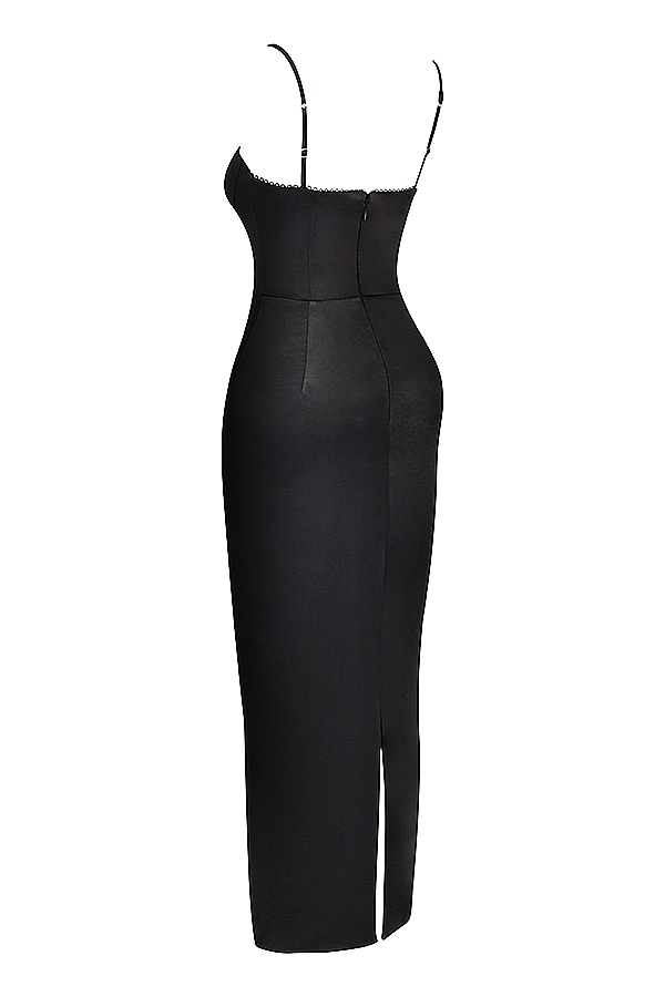 schwarzes maxikleid mit korsettmuster