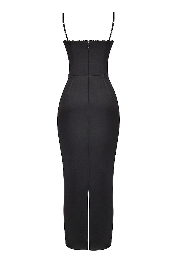 schwarzes maxikleid mit korsettmuster