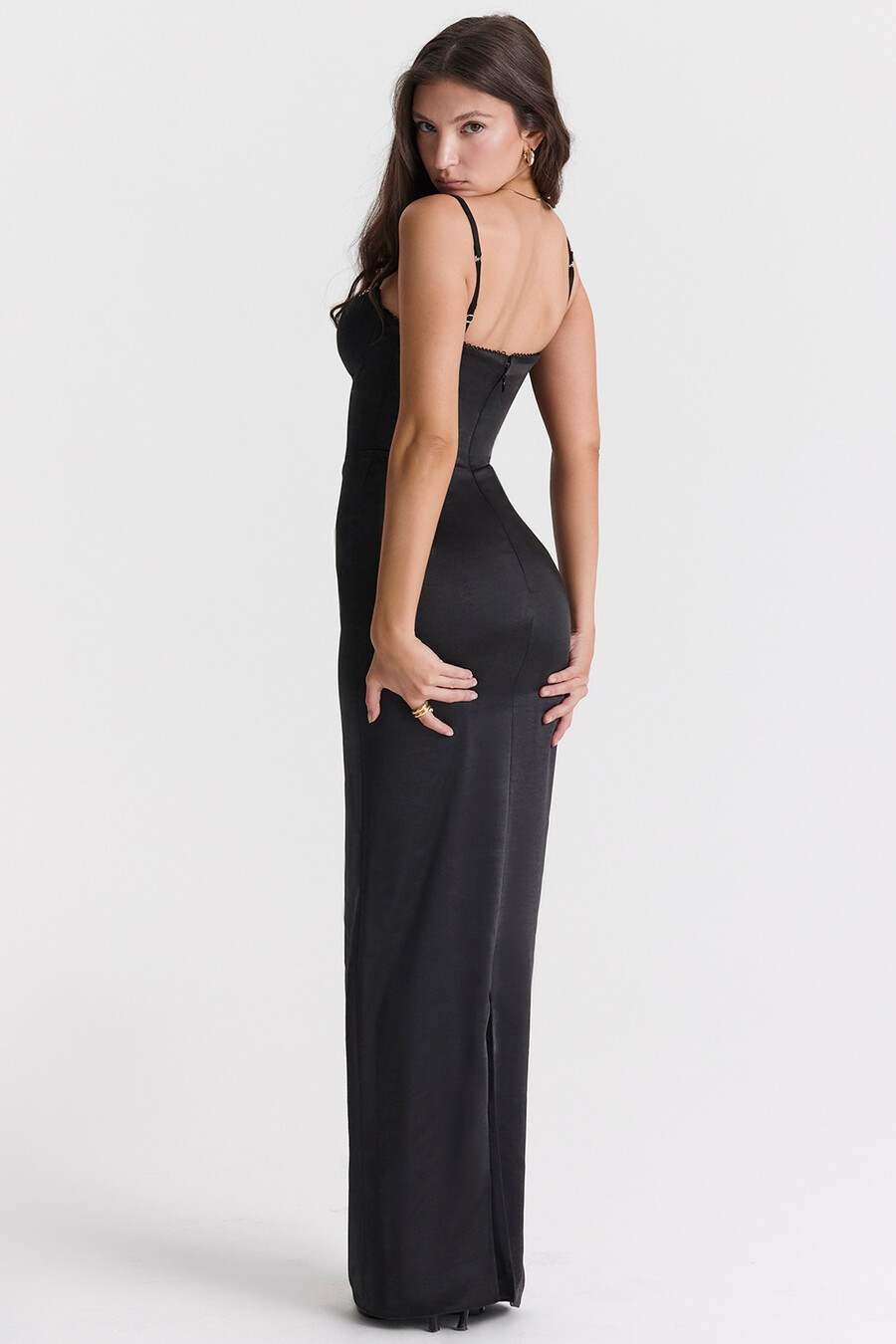 schwarzes maxikleid mit korsettmuster