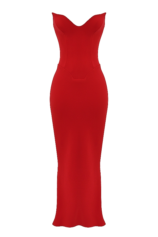 kirschrotes trägerloses korsettkleid