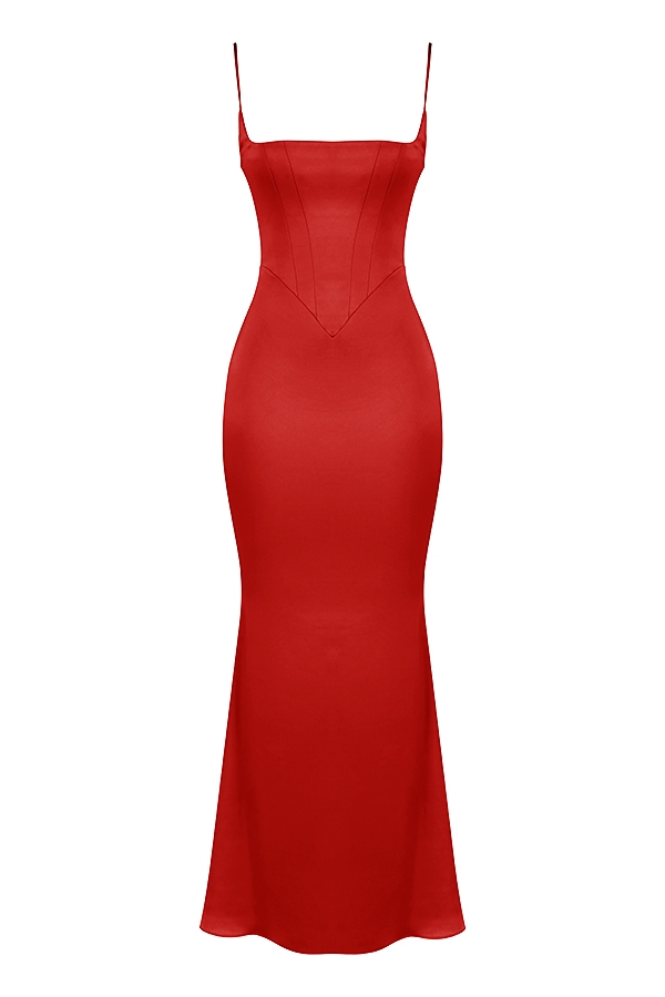 rotes rosen-satin-korsett-maxikleid