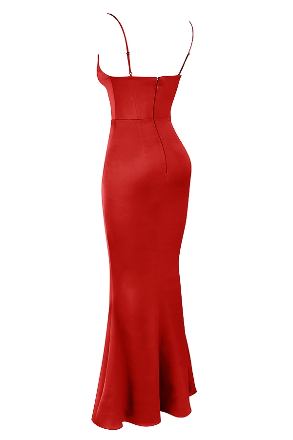 rotes rosen-satin-korsett-maxikleid