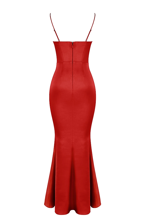 rotes rosen-satin-korsett-maxikleid