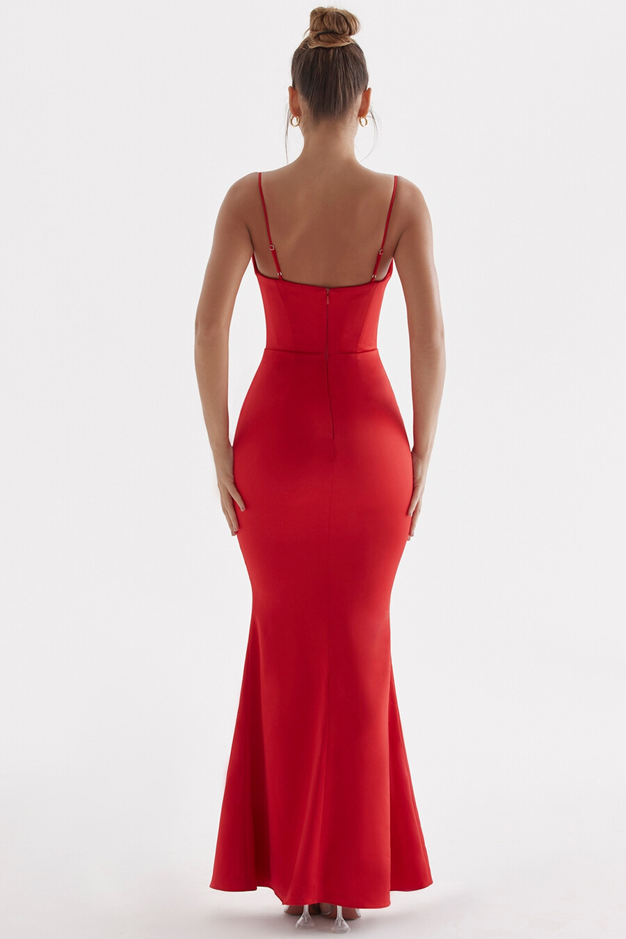 rotes rosen-satin-korsett-maxikleid