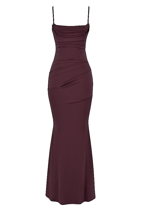 dunkelkirschrotes korsett-maxikleid