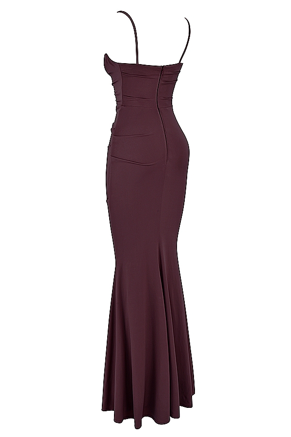 dunkelkirschrotes korsett-maxikleid