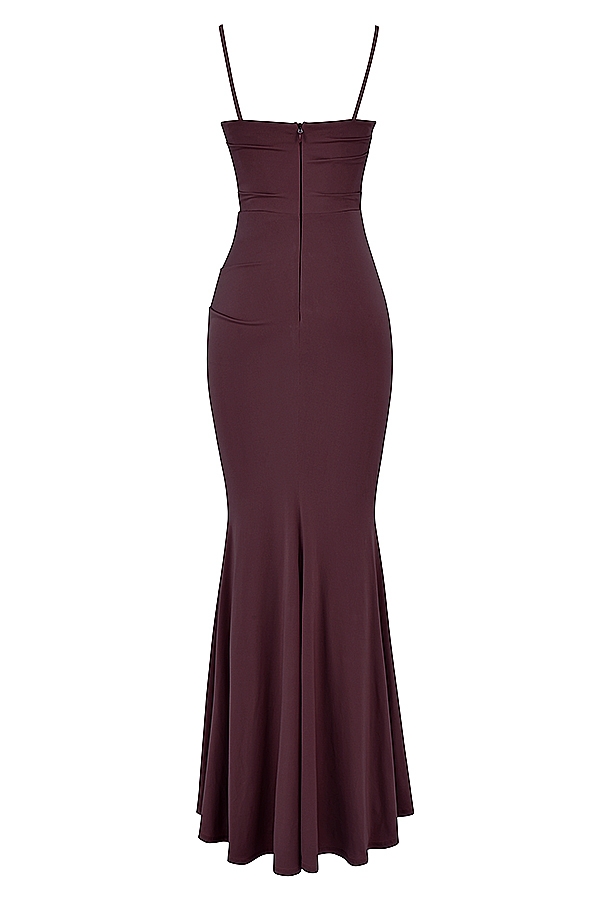 dunkelkirschrotes korsett-maxikleid