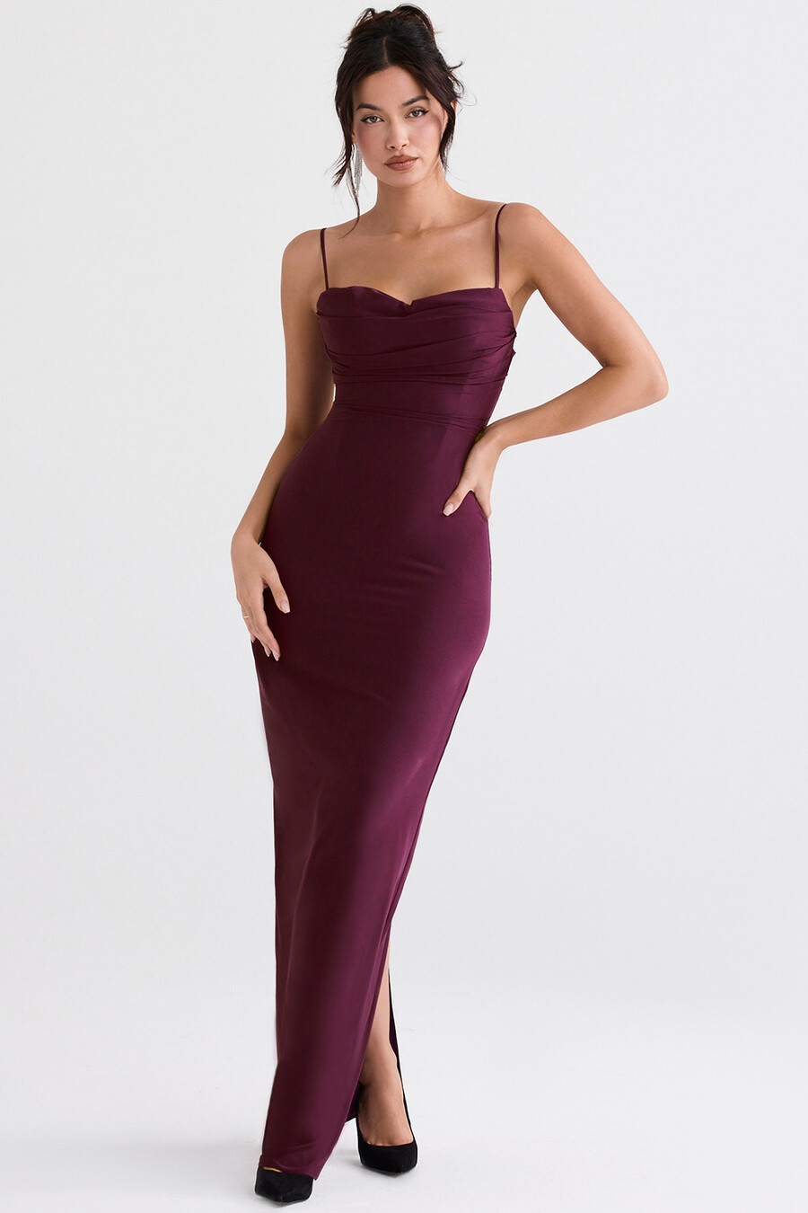 merlotfarbenes maxikleid mit korsett-design