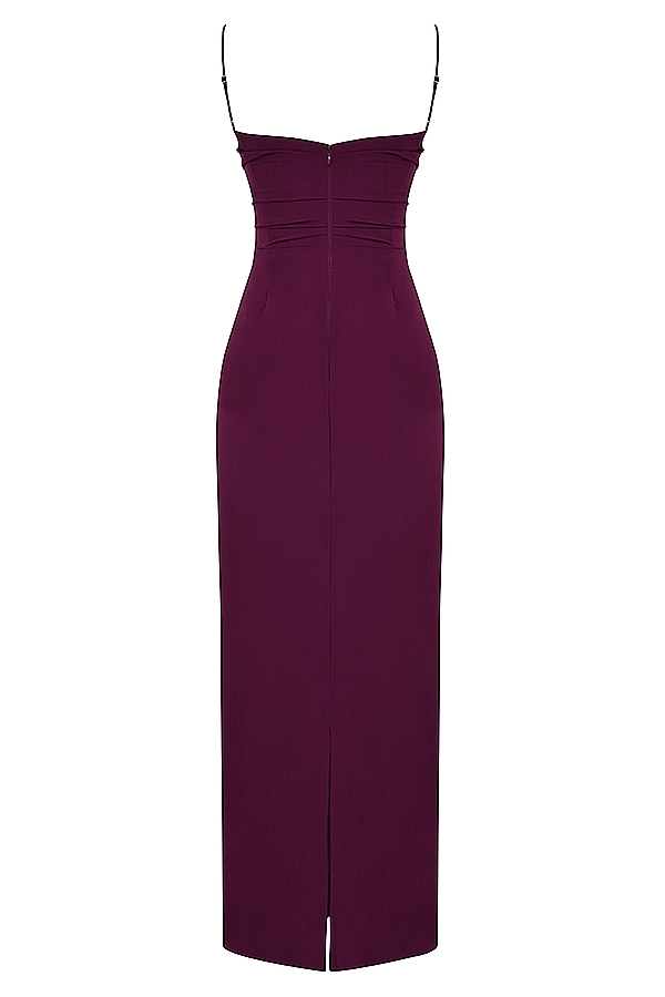 merlotfarbenes maxikleid mit korsett-design