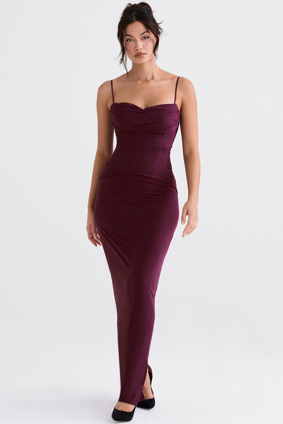 merlotfarbenes maxikleid mit korsett-design