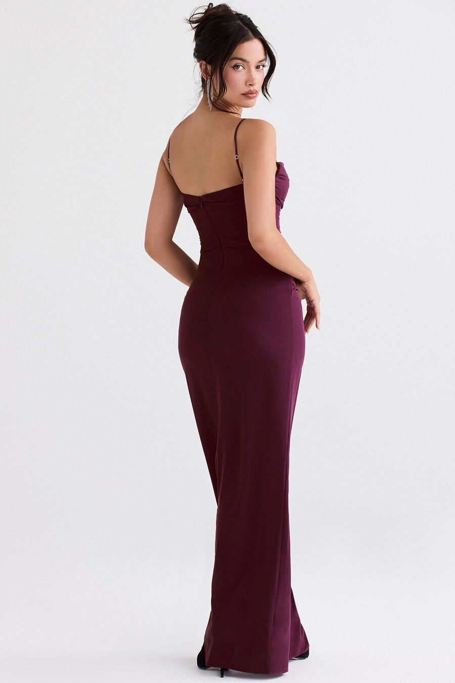 merlotfarbenes maxikleid mit korsett-design