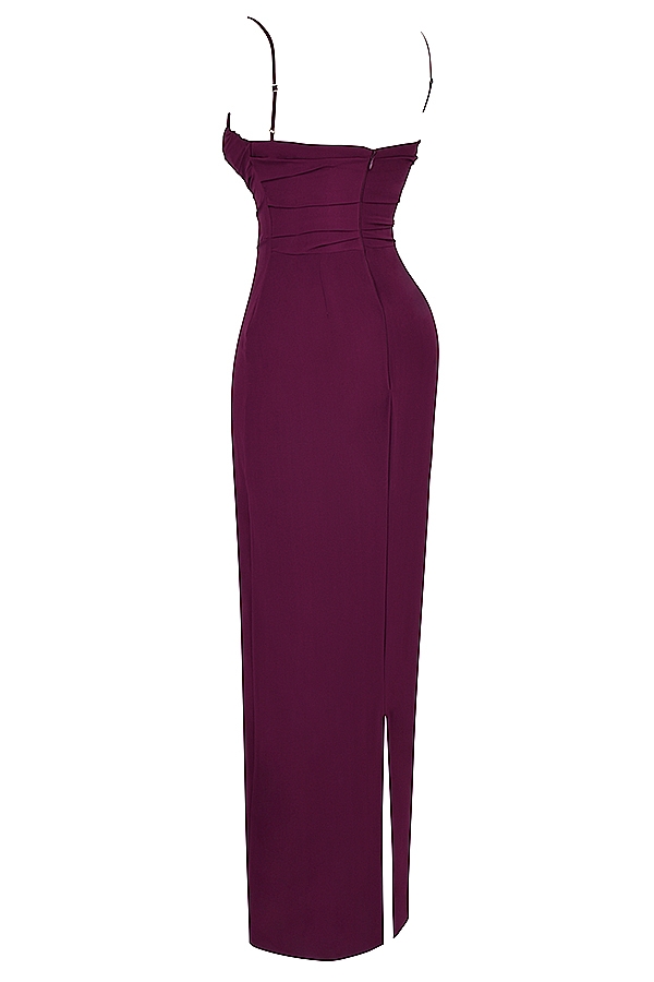 merlotfarbenes maxikleid mit korsett-design
