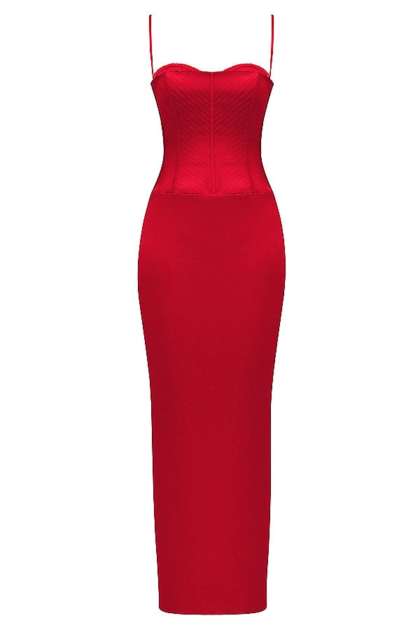 rotes satin-korsett-maxikleid