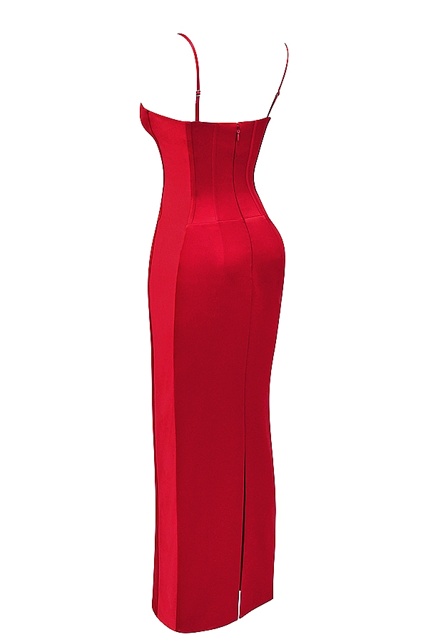 rotes satin-korsett-maxikleid