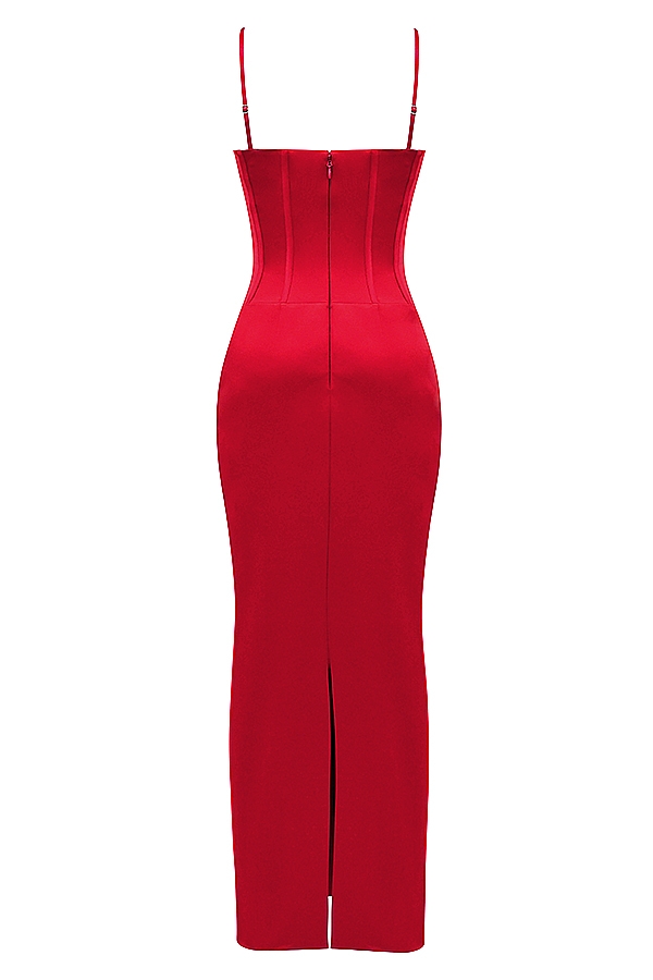 rotes satin-korsett-maxikleid