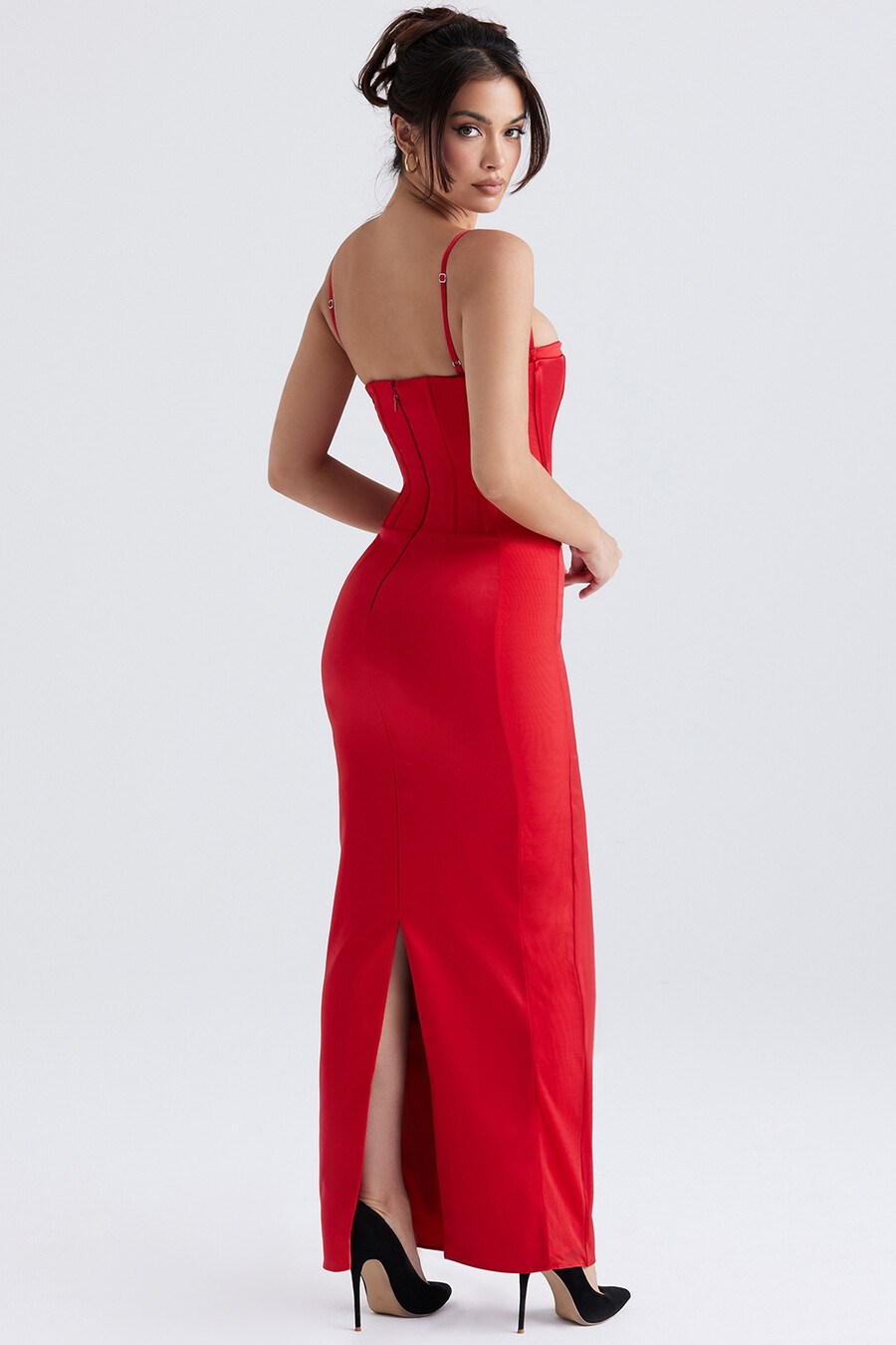 rotes satin-korsett-maxikleid