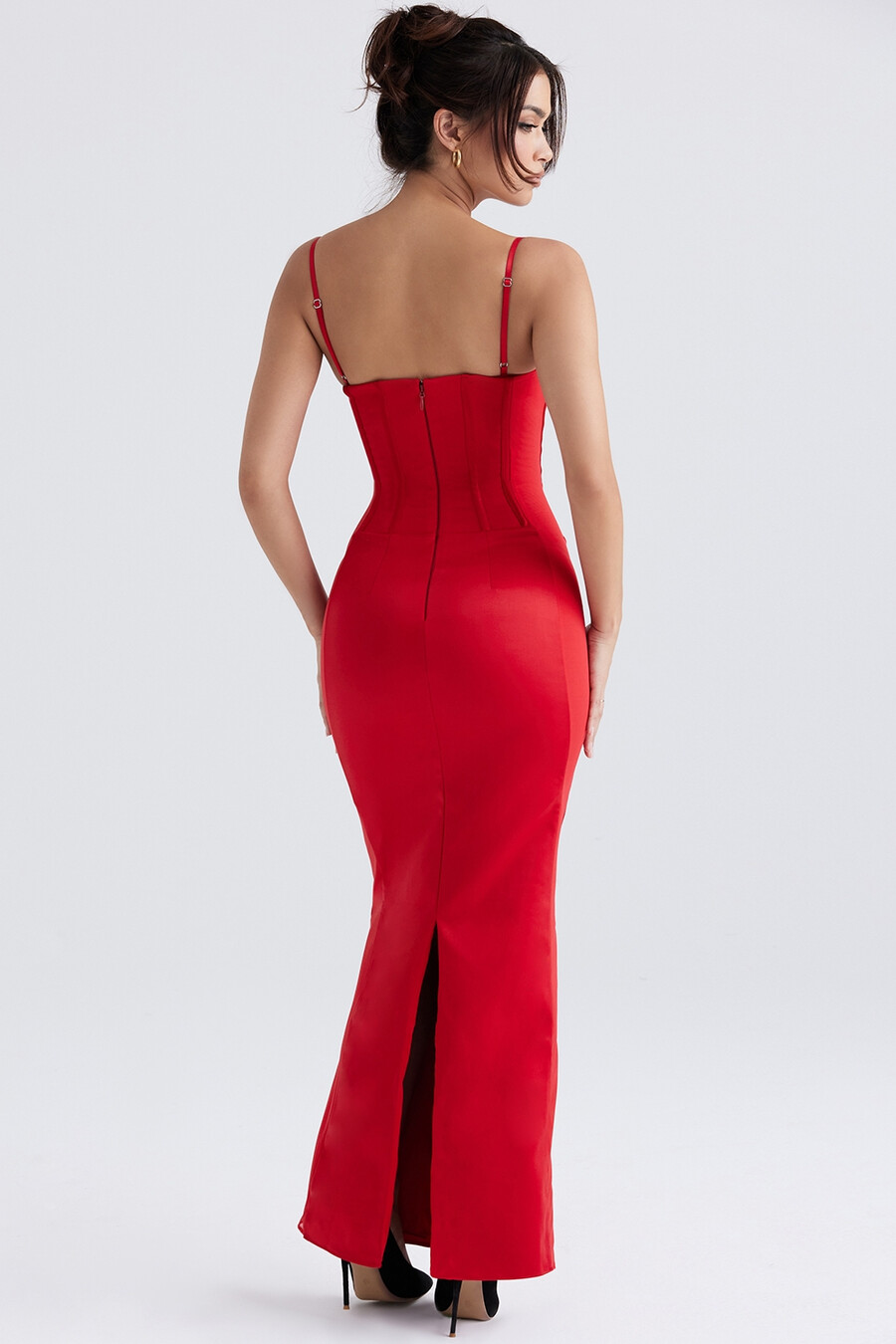 rotes satin-korsett-maxikleid