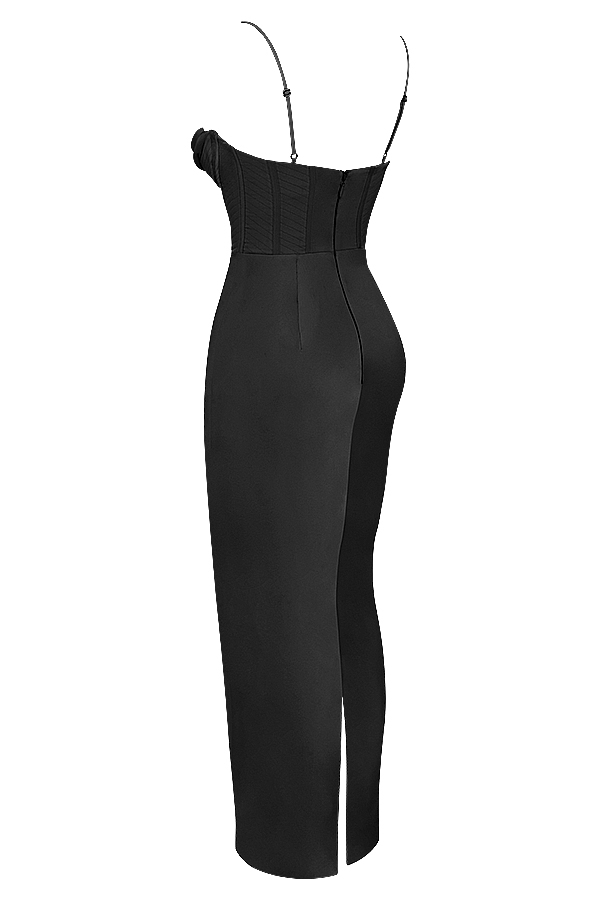 schwarzes maxikleid mit korsettmuster