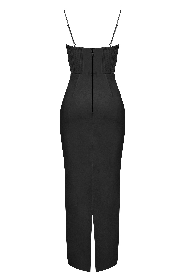 schwarzes maxikleid mit korsettmuster
