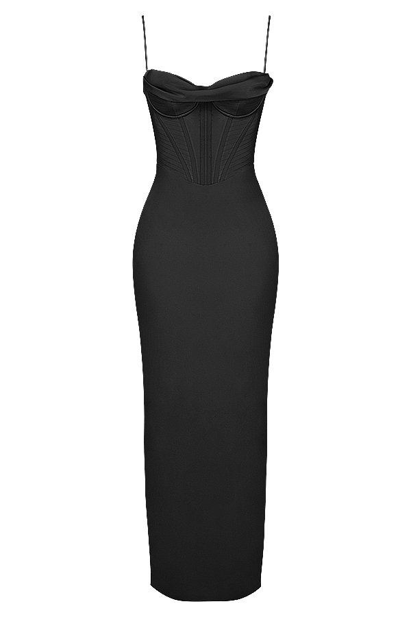 schwarzes maxikleid mit korsettmuster
