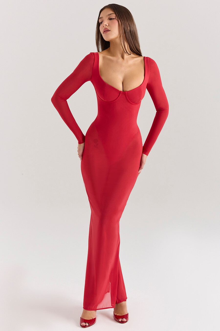 holly red mesh maxikleid mit body