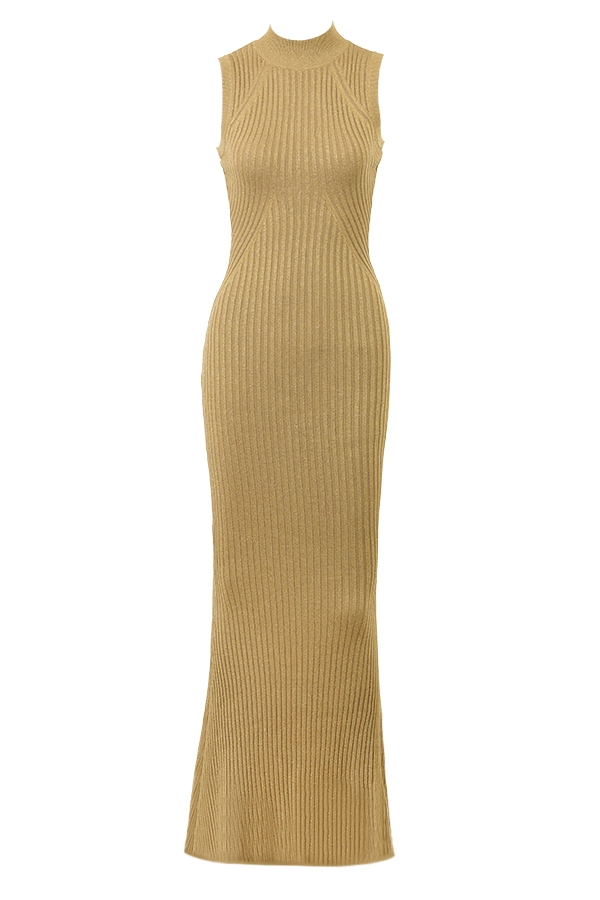 goldfarbenes geripptes maxikleid mit metallic-effekt