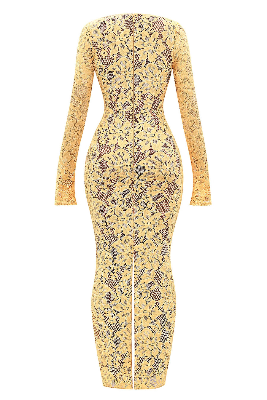 aprikosenfarbenes maxikleid aus spitze mit tiefem ausschnitt