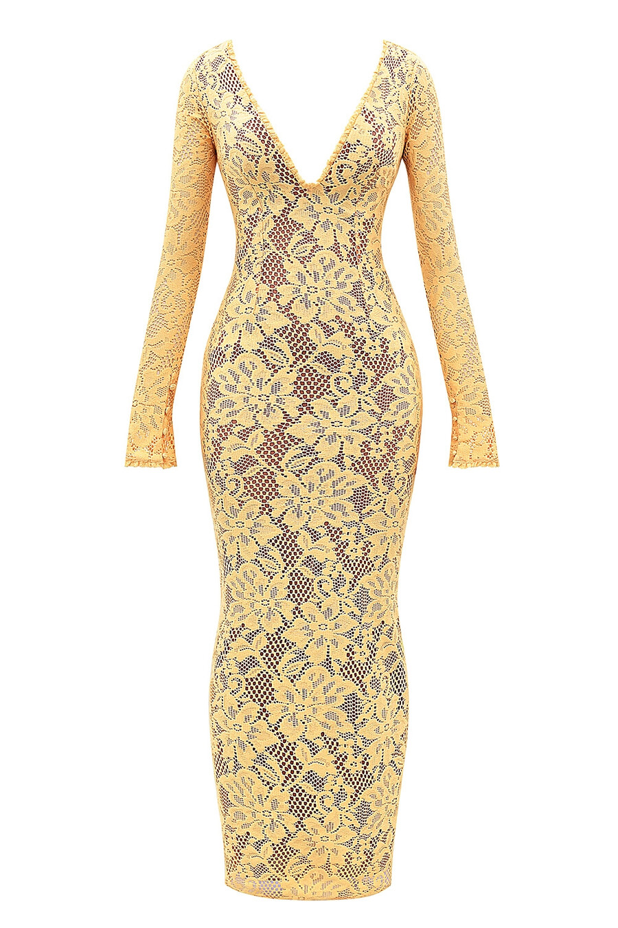 aprikosenfarbenes maxikleid aus spitze mit tiefem ausschnitt