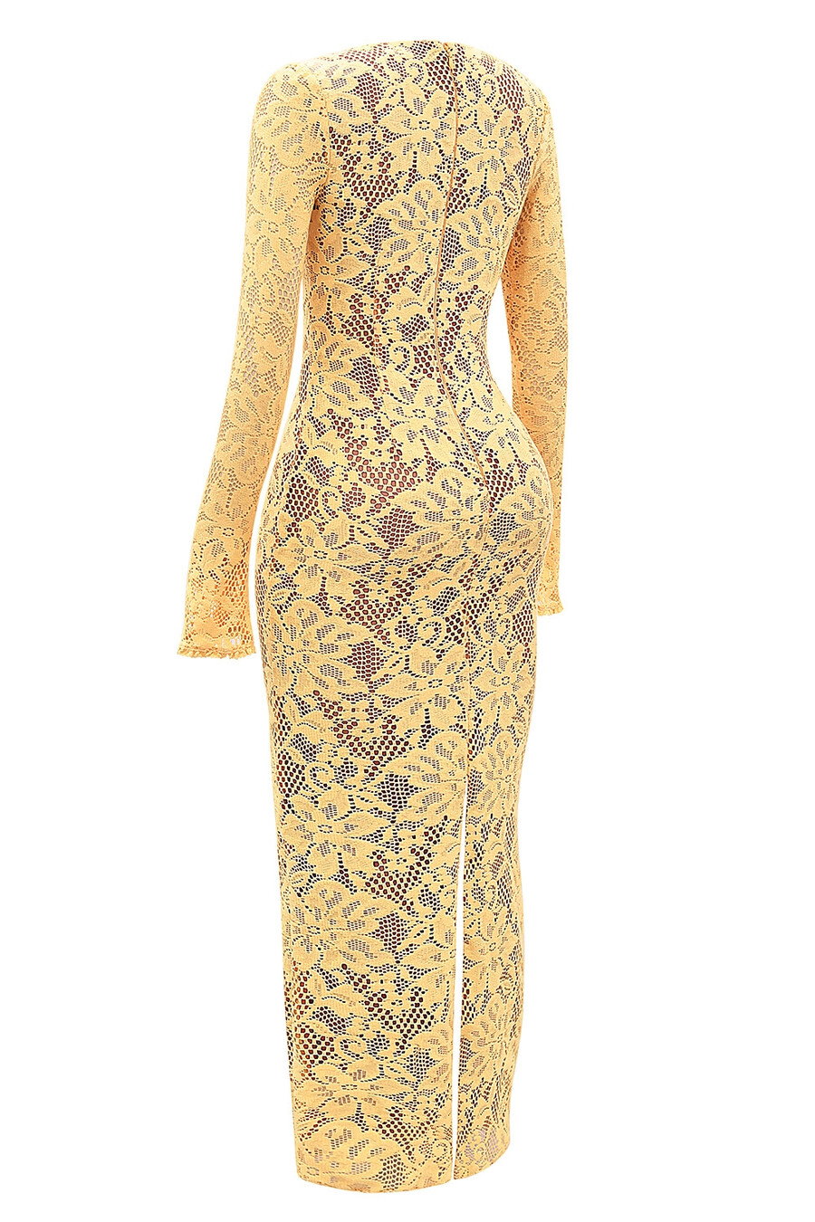 aprikosenfarbenes maxikleid aus spitze mit tiefem ausschnitt