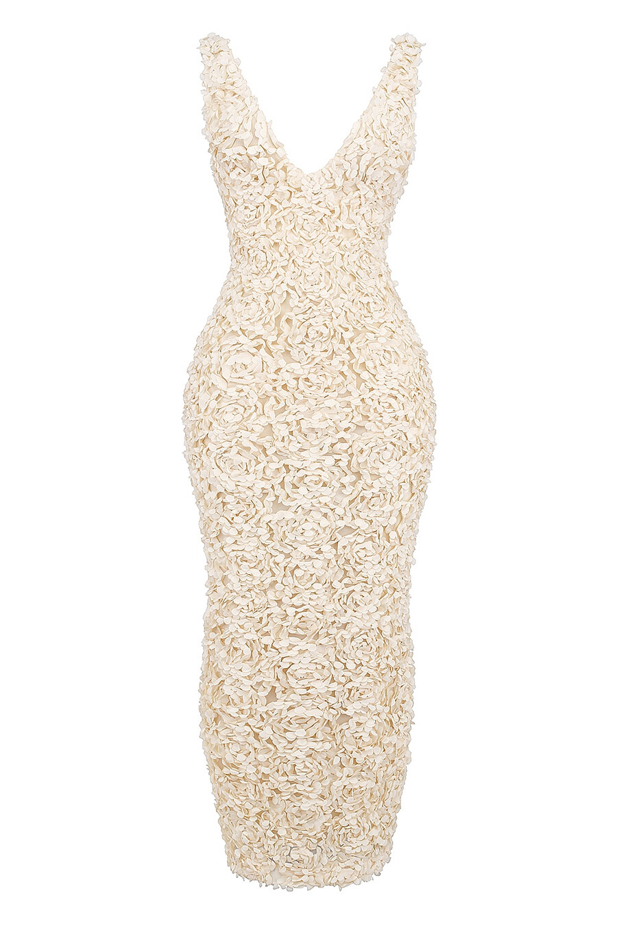 cremefarbenes maxikleid mit tiefem ausschnitt und floralen applikationen
